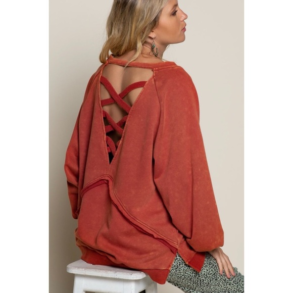 POL Rusted Orange Criss Cross Back Slouchy French Terry Pullover - Picture 10 of 12